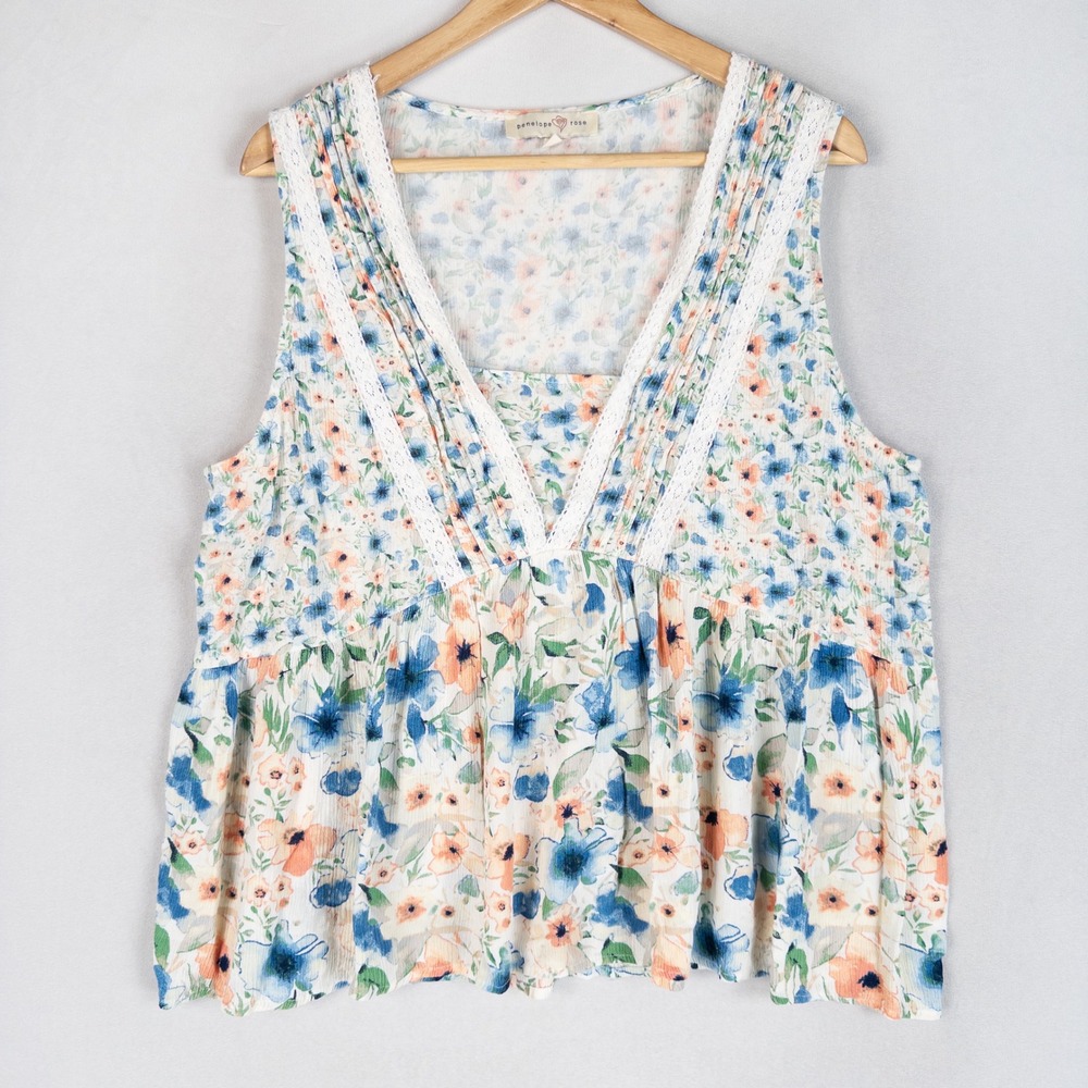 Penelope Rose Top Blouse 1X Multicolor Floral Lace Trim Babydoll Boho Cottage